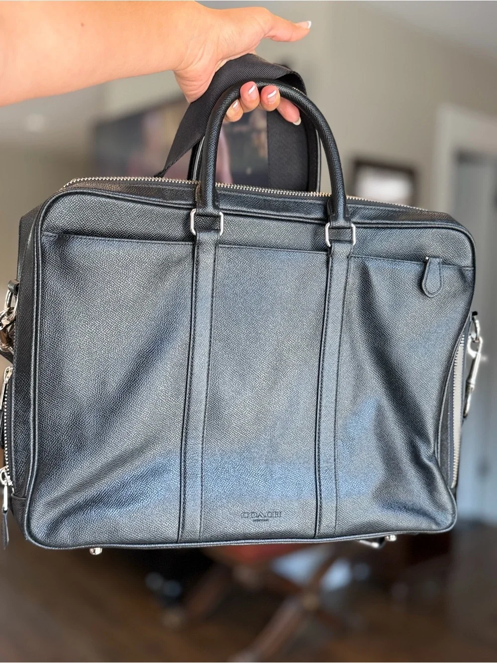 Coach Black Leather Men’s Briefcase with Silver Hardware